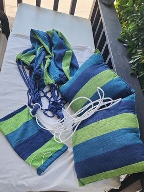 Blue and Lime Striped Hanging Hammock Chair with Cushions
